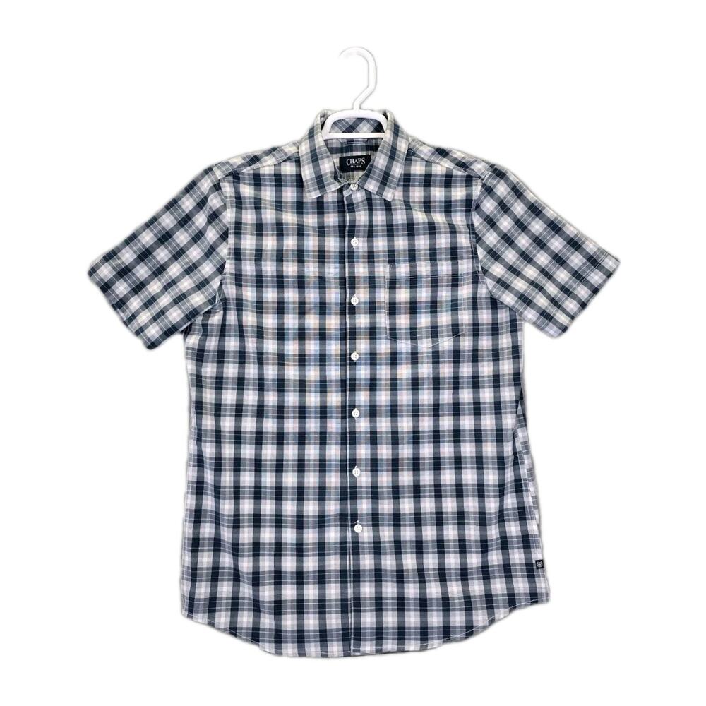 Chaps Button Down Shirt Mens Small Blue Madras Plaid Short Sleeve Button Up EUC
